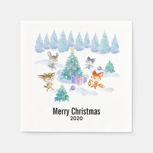 Serviette En Papier Danse Animaux de forêt Noël Aquarelle (Devant)
