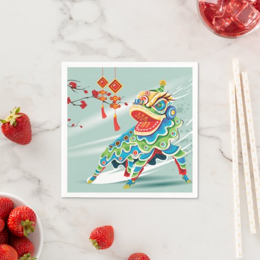 Serviette En Papier Danseur du lion bleu chinois (En situation)