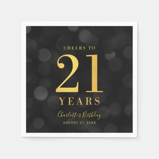 Serviette En Papier Dark Bokeh Faux Gold Cheers à 21 ans Anniversaire (Devant)