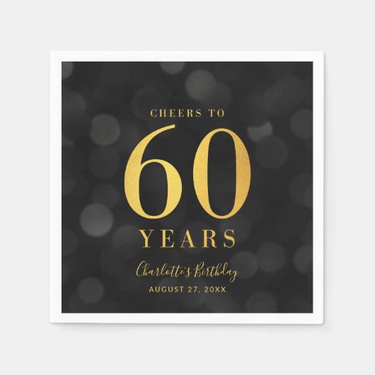 Serviette En Papier Dark Bokeh Faux Gold Cheers à 60 ans Anniversaire (Devant)