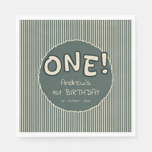 Serviette En Papier Dark Green Stripes 1st Birthday (Devant)