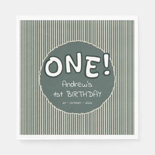 Serviette En Papier Dark Green Stripes 1st Birthday (Devant)