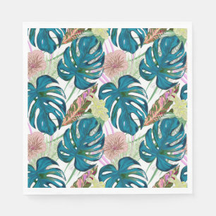 Serviette En Papier Dark turquoise monstera, delicate peach and yellow