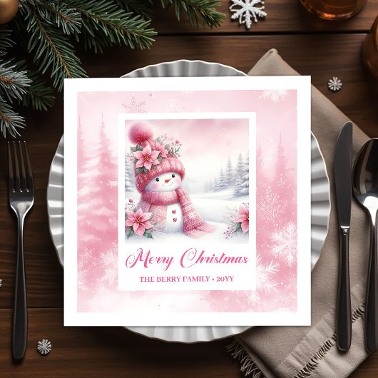 Serviette En Papier Darling Pink Snowman Winter Scene Christmas Napkin