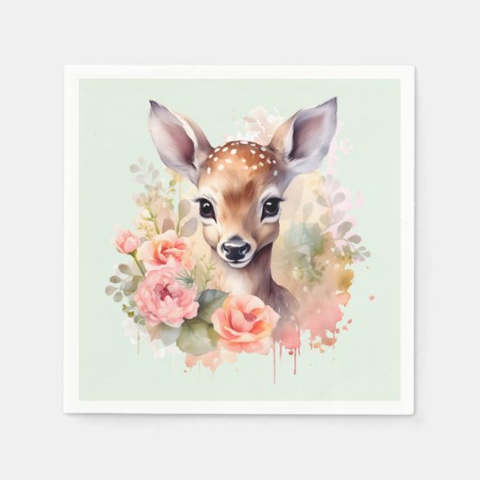 Serviette En Papier De Beaux Cerfs Entourés De Roses (Devant)