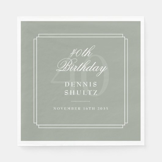 Serviette En Papier Déco classique | Sage et Blanc 40e anniversaire (Devant)