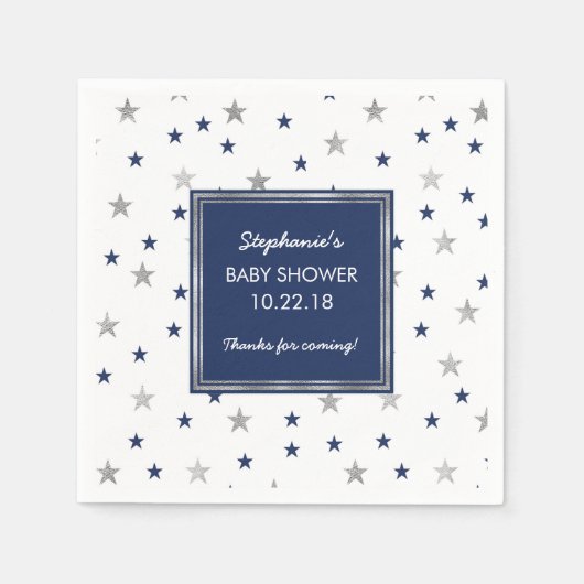 Serviette En Papier Décor de Baby shower Twinkle Marine Silver Stars (Devant)
