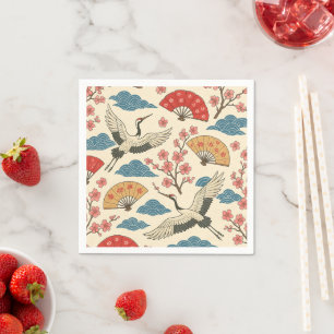 Serviette En Papier Décor de Grue Japonaise Traditionnelle & Motif Sak