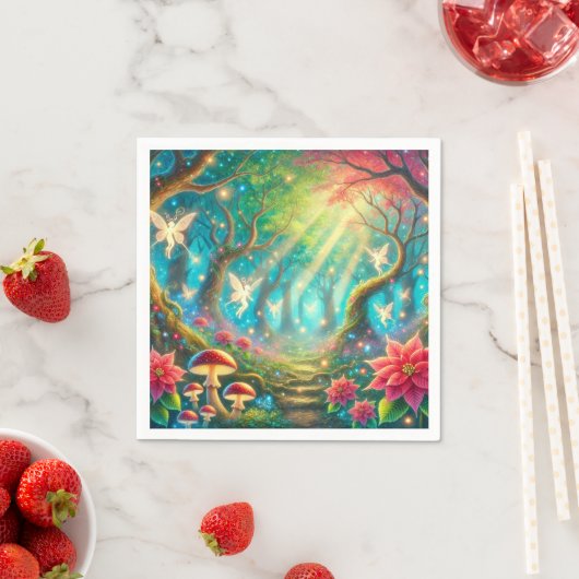 Serviette En Papier Découpage de la forêt de champignons et de poinsét (En situation)