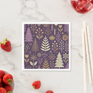 Serviette En Papier Découpage de la nature scandinave pourpre & or