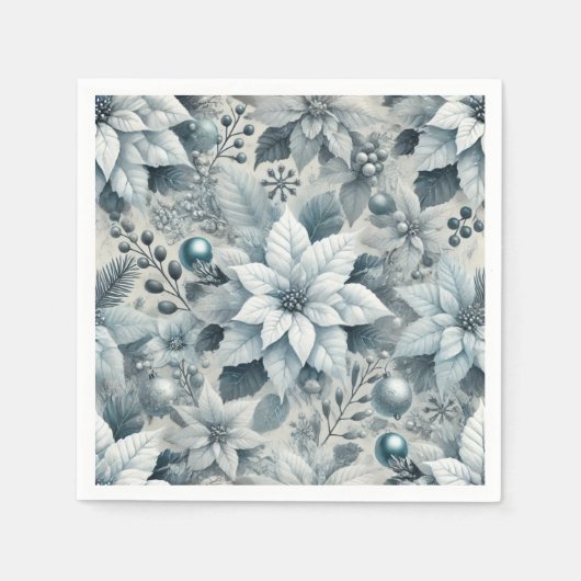Serviette En Papier Découpage Festive Icy Bleu et Blanc Poinsettia (Devant)