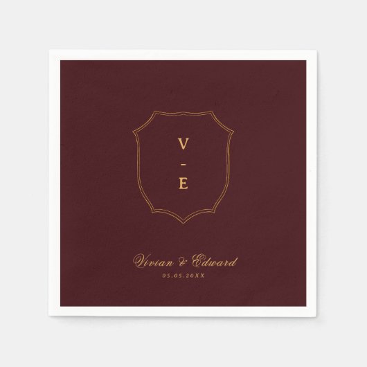 Serviette En Papier Deep Burgundy & Gold Crest Monogram Winter Wedding (Devant)