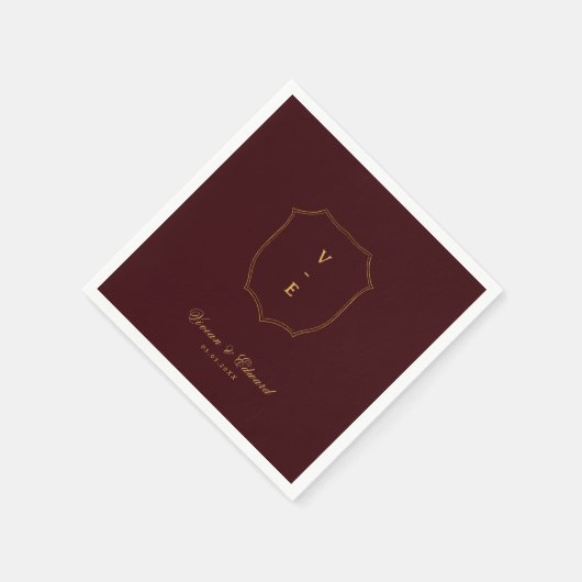 Serviette En Papier Deep Burgundy & Gold Crest Monogram Winter Wedding (Coin)