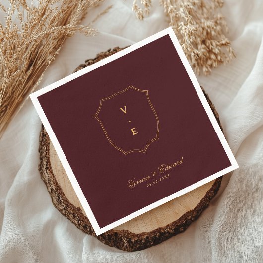 Serviette En Papier Deep Burgundy & Gold Crest Monogram Winter Wedding