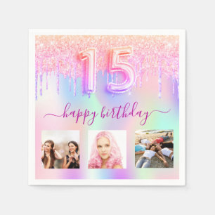 Serviette En Papier Dégustations holographiques roses de Quinceanera