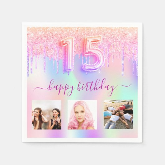 Serviette En Papier Dégustations holographiques roses de Quinceanera (Devant)