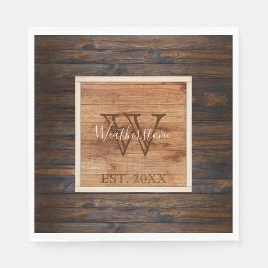 Serviette En Papier Déjeuner de Monogramme en bois rustique (Devant)