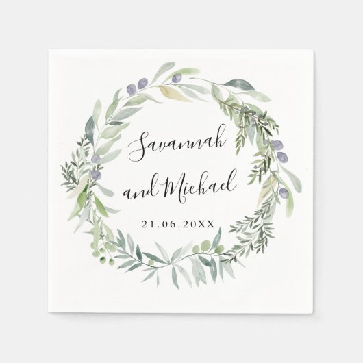 Serviette En Papier Délicat monogramme d'olive peinte et mariage feuil (Devant)