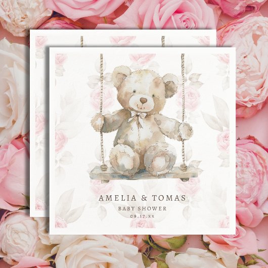 Serviette En Papier Délicate Beige Teddy Ours rose Floral Baby Girl