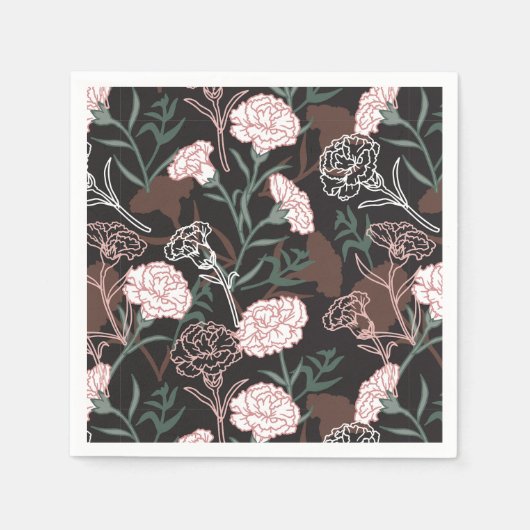 Serviette En Papier Délicates oeillets roses avec fleurs Feuilles vert (Devant)