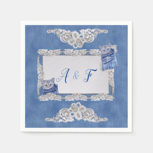 Serviette En Papier Denim Jean poches, chatons et dentelle (Devant)