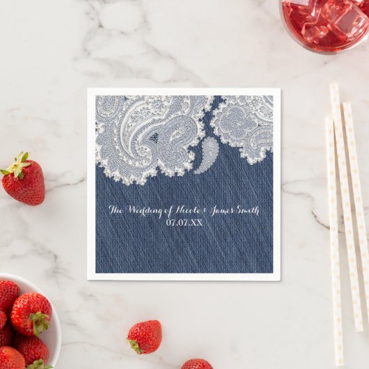 Serviette En Papier Denim Jean & White Lace Élégante Mariage nuptiale (En situation)