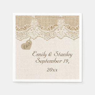 Serviette En Papier Dentelle blanche et coeur sur burlap mariage rusti