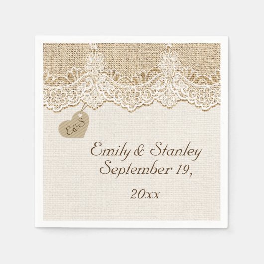 Serviette En Papier Dentelle blanche et coeur sur burlap mariage rusti (Devant)
