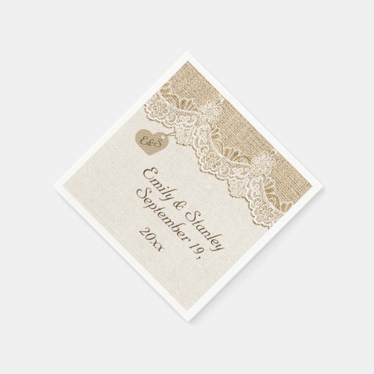 Serviette En Papier Dentelle blanche et cœur sur toile de jute mariage (Coin)
