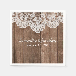 Serviette En Papier Dentelle blanche rustique et Mariage en bois