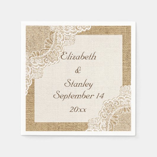 Serviette En Papier Dentelle blanche sur burlap mariage rustique (Devant)