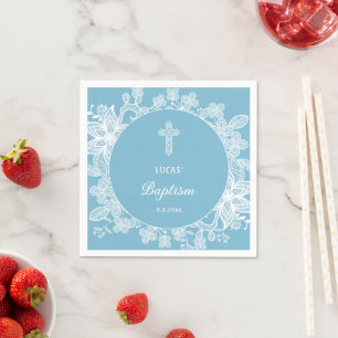 Serviette En Papier Dentelle blanche sur Pastel Baptême bleu