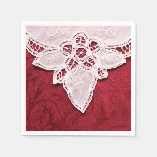 Serviette En Papier Dentelle blanche sur tissu rouge (Devant)