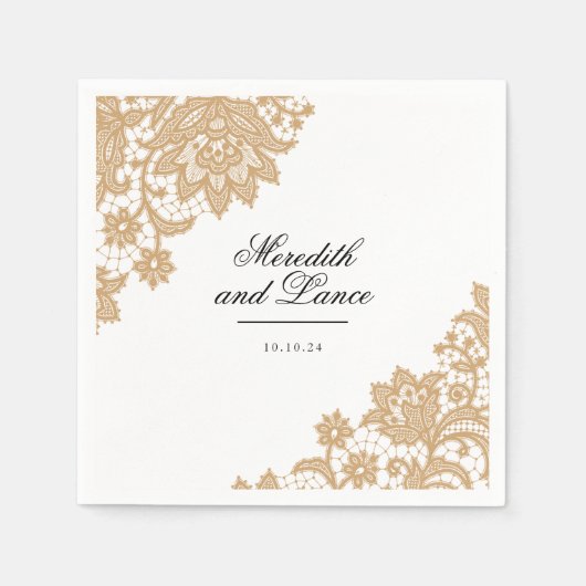 Serviette En Papier Dentelle délicate Mariage de script noir et or (Devant)