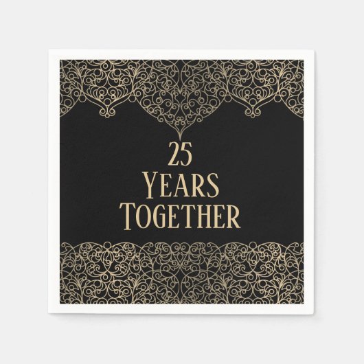 Serviette En Papier Dentelle d'or du 25e anniversaire en noir (Devant)