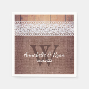 Serviette En Papier Dentelle et bois de Burlap rustique   Mariage mono