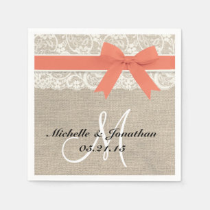Serviette En Papier Dentelle et Burlap Mariage rustique Napkin Coral