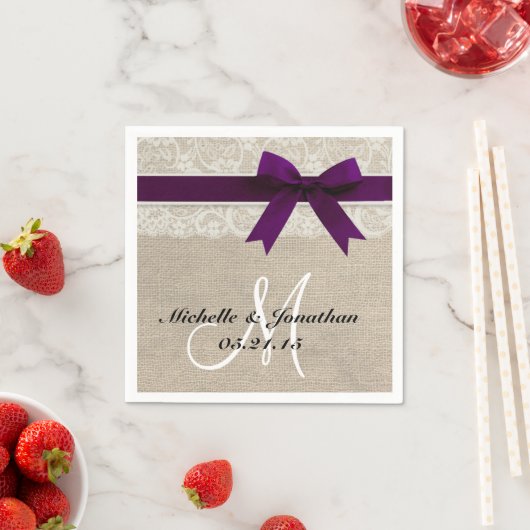 Serviette En Papier Dentelle et Burlap Mariage rustique Napkin Plum (En situation)