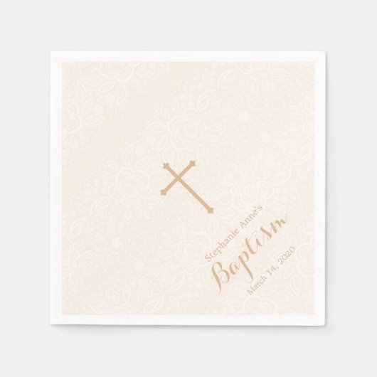 Serviette En Papier Dentelle florale Baptême rose pâle (Devant)