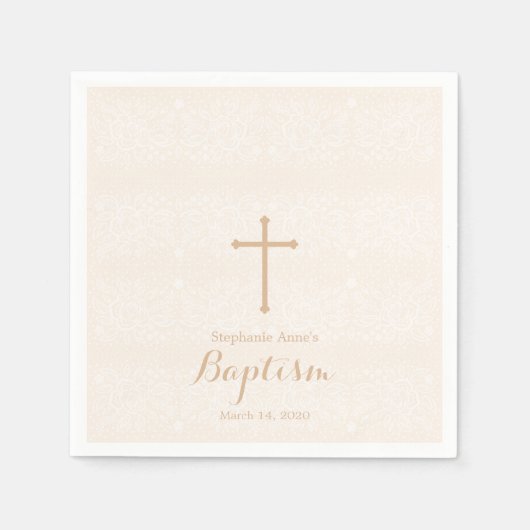 Serviette En Papier Dentelle florale Baptême rose pâle (Devant)