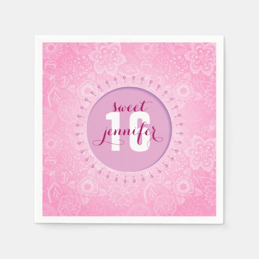 Serviette En Papier Dentelle Monogramme Rose & Blanc Fleurs Et Papillo (Devant)