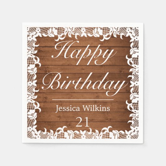 Serviette En Papier Dentelle rustique et blanche Joyeux anniversaire (Devant)