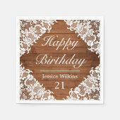 Serviette En Papier Dentelle rustique et blanche Joyeux anniversaire (Devant)