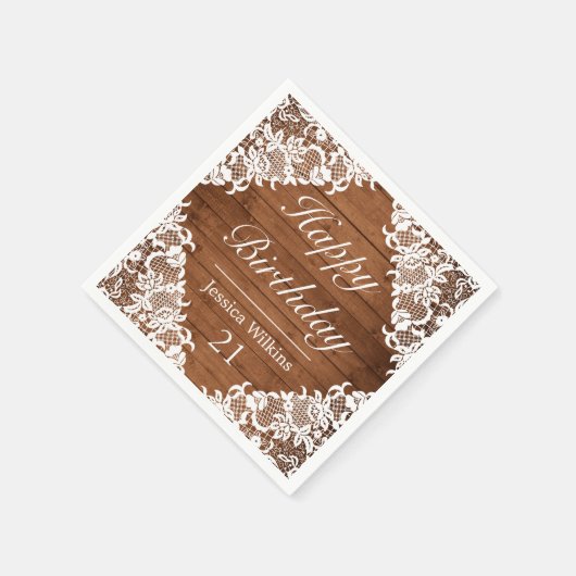 Serviette En Papier Dentelle rustique et blanche Joyeux anniversaire (Coin)