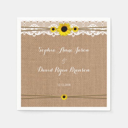 Serviette En Papier Dentelle rustique, Fleurs Solaires, Mariage Burlap (Devant)