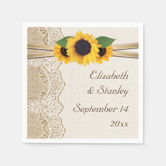 Serviette En Papier Dentelles et tournesols sur mariage burlap (Devant)