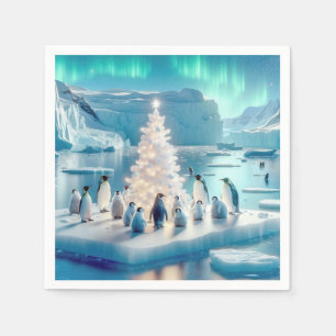 Serviette En Papier Des pingouins rassemblés autour d'un arbre de Noël