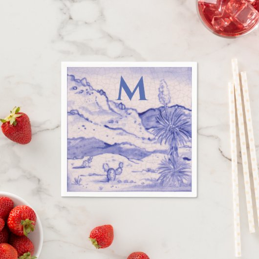 Serviette En Papier Desert Cactus Bleu Blanc Paysage Yucca Monogramme (En situation)