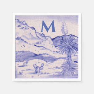 Serviette En Papier Desert Cactus Bleu Blanc Paysage Yucca Monogramme