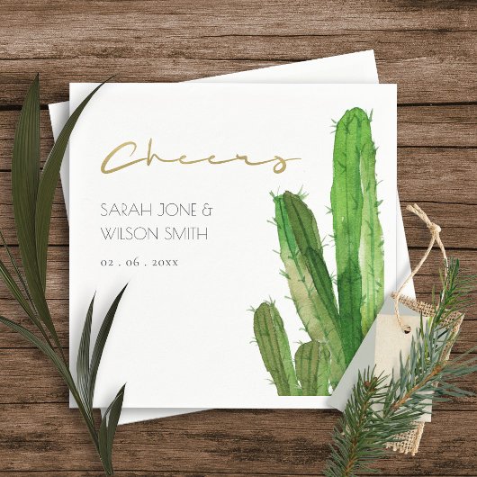 SERVIETTE EN PAPIER DESERT CACTUS FOLIAGE WATERCOLOR CHEERS WEDDING